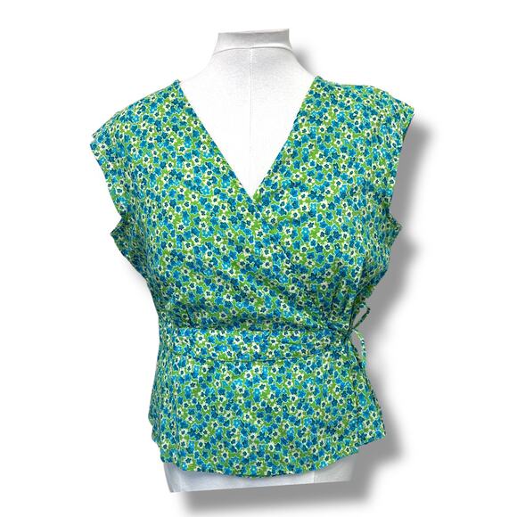 St. John’s Bay Women’s Cap Sleeve Wrap Front Blouse, Green Floral, size XL - Picture 2 of 11